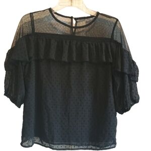 As Know As Pinky Black Sheer Mesh Yoke‎ Top Textured Fabric Lined Whimsigoth